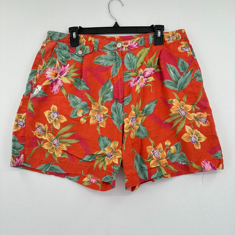 Vtg Lauren Ralph Lauren Linen Shorts Womens 16 Orange Floral Hawaiian Vacation